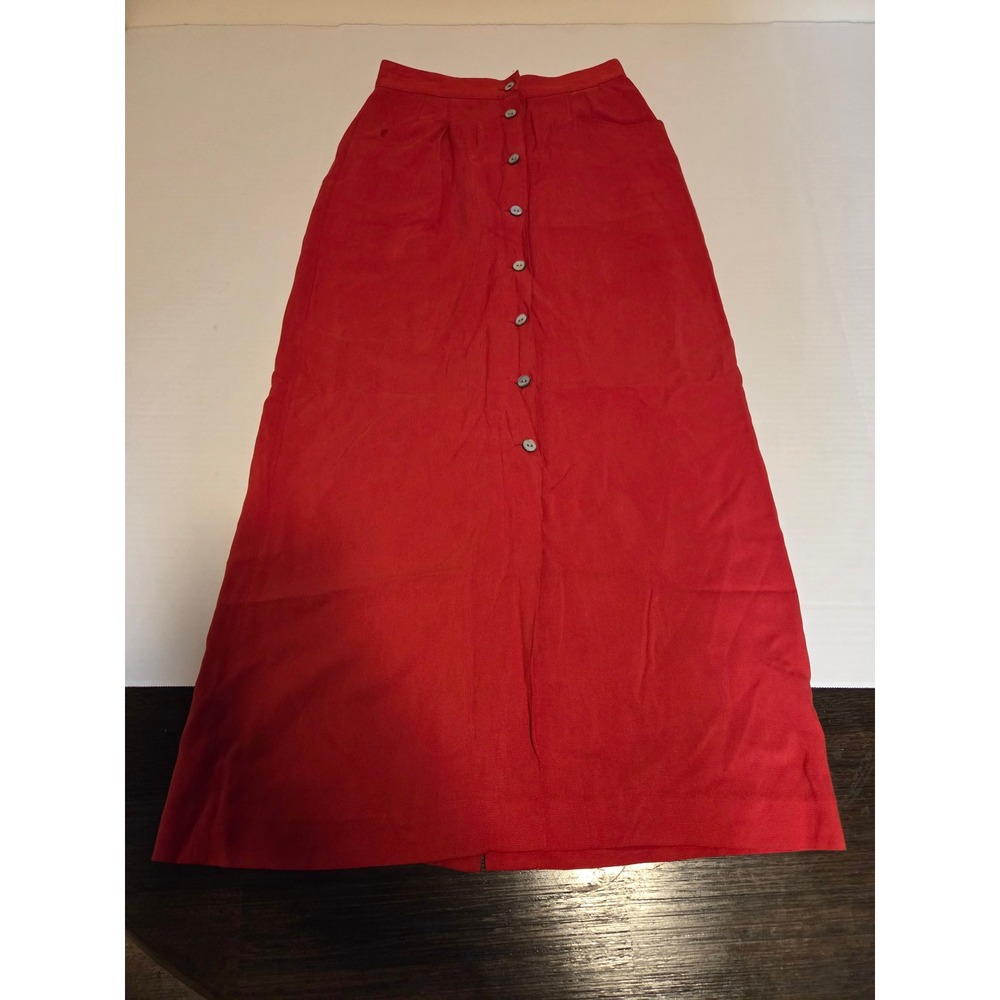 Casual Corner Red 100% Silk Button Front Maxi Skirt Size 4 Pockets Lined Vintage